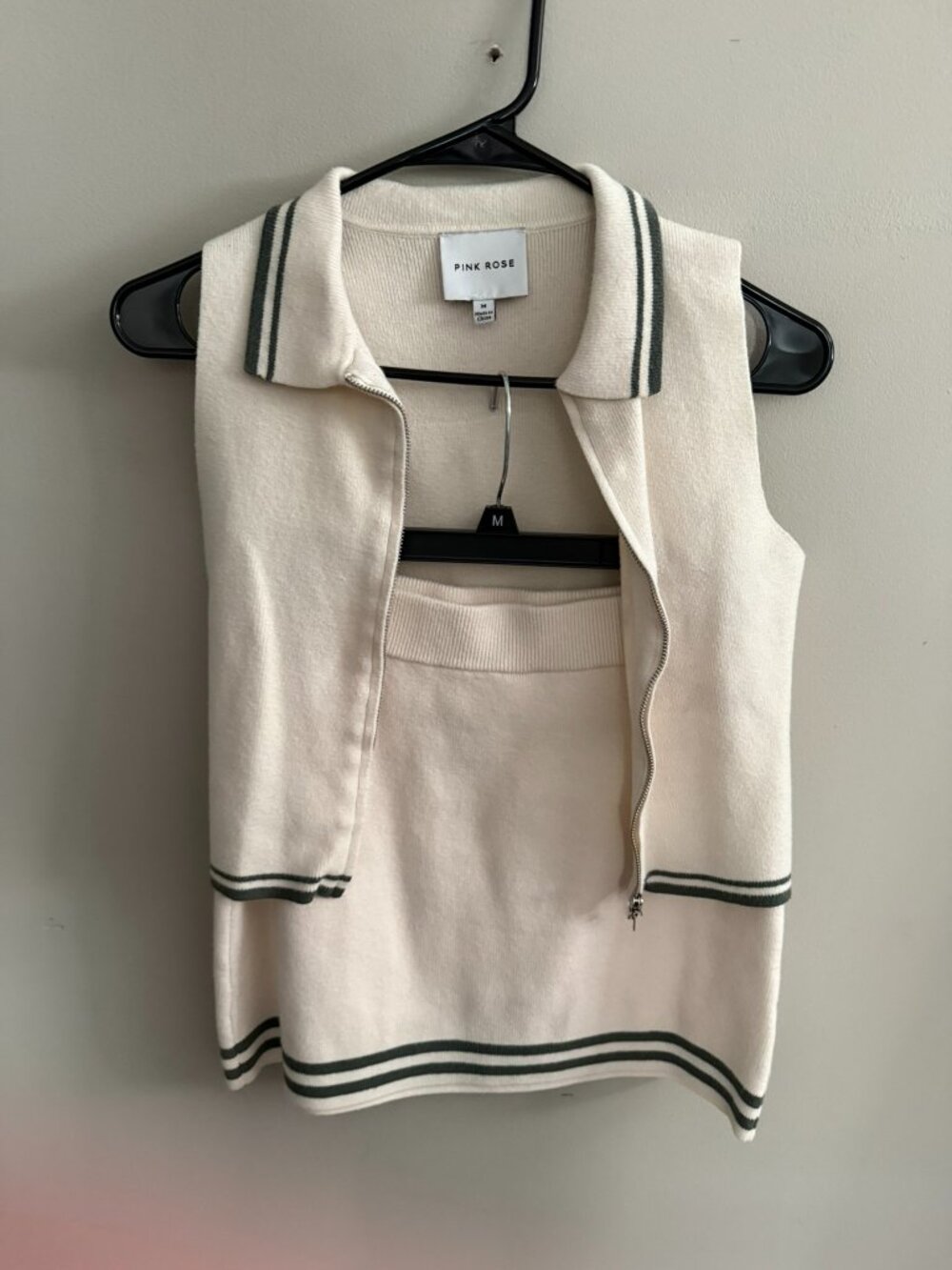 Pink Rose M cream two piece set with green detailing - mini skirt and zip vest